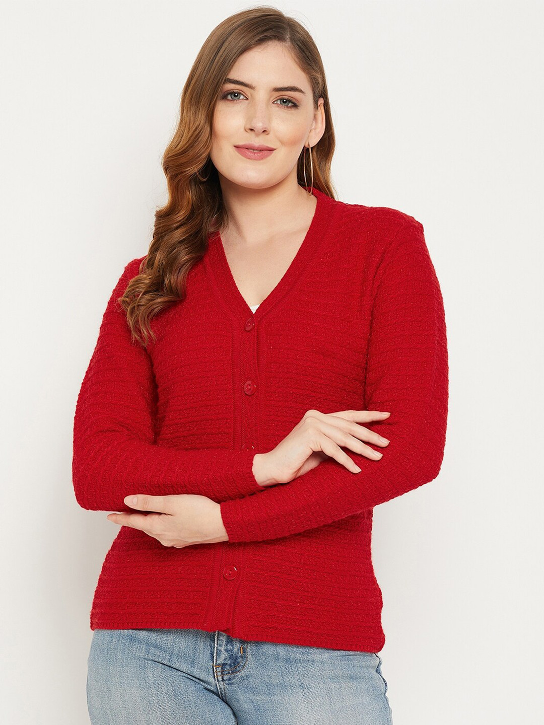 Zigo Women Red Self Design Cable Knit Wool Cardigan Sweater