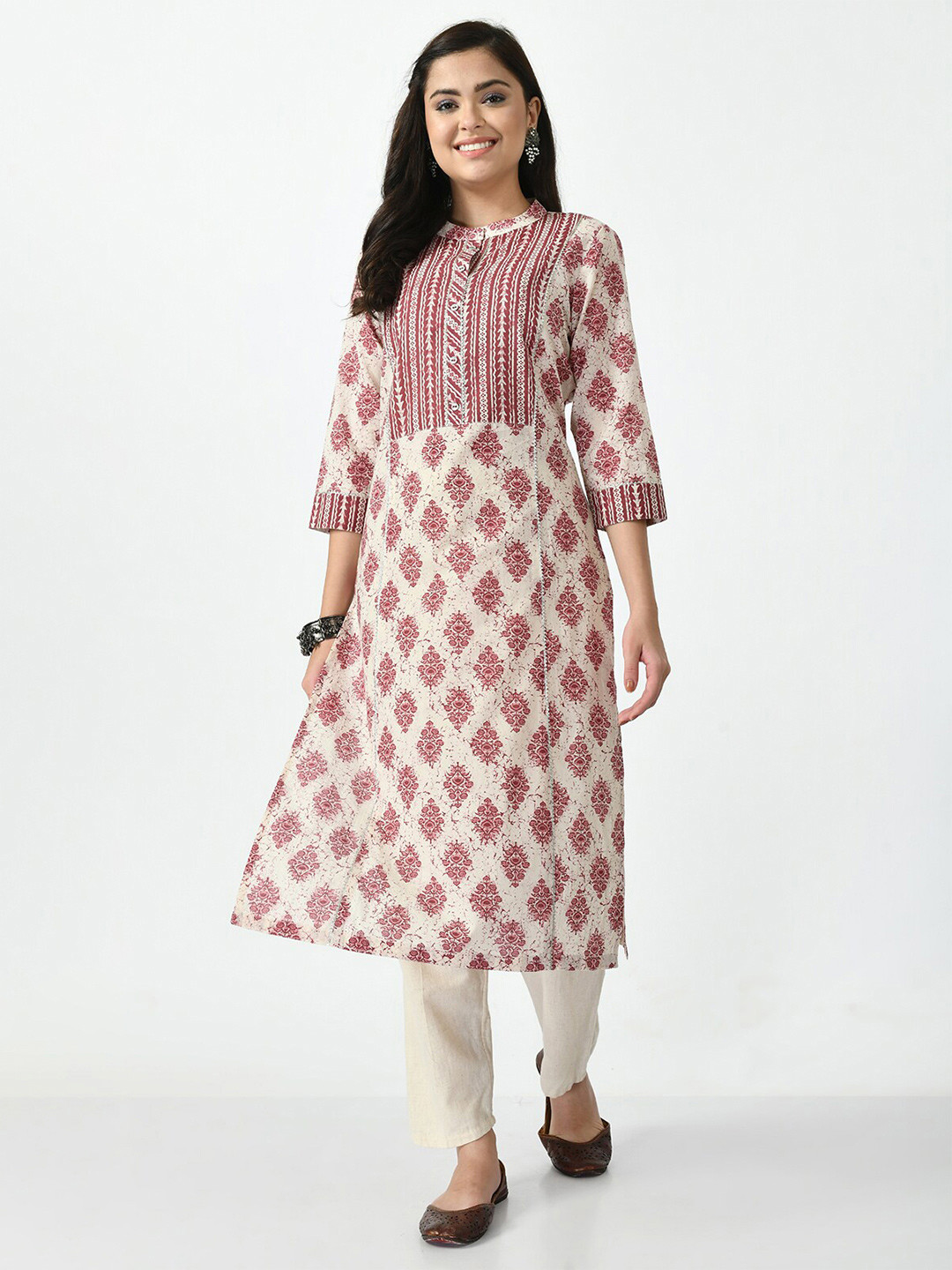 MEESAN Women Maroon & Cream-Coloured Ethnic Motifs Printed Pure Cotton Kurta