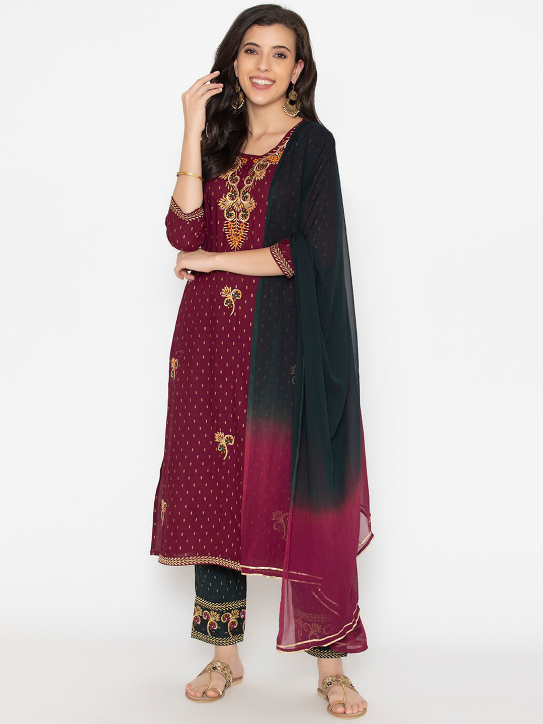 KALINI Women Maroon & Black Embroidered Straight Kurta with Trousers & With Dupatta