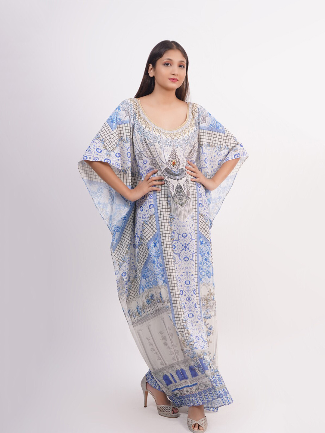 Rajoria Instyle Women White Printed Kaftan Maxi Dress