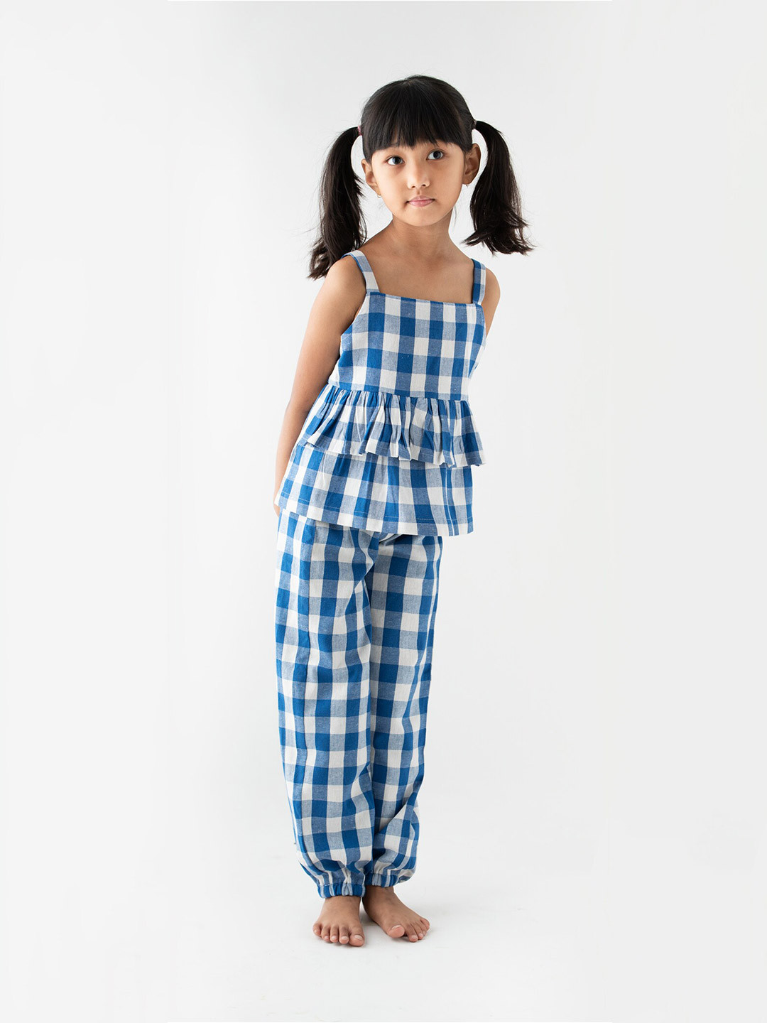 Little Musketeer Girls Blue & White Checked Pure Cotton Top with Pyjamas