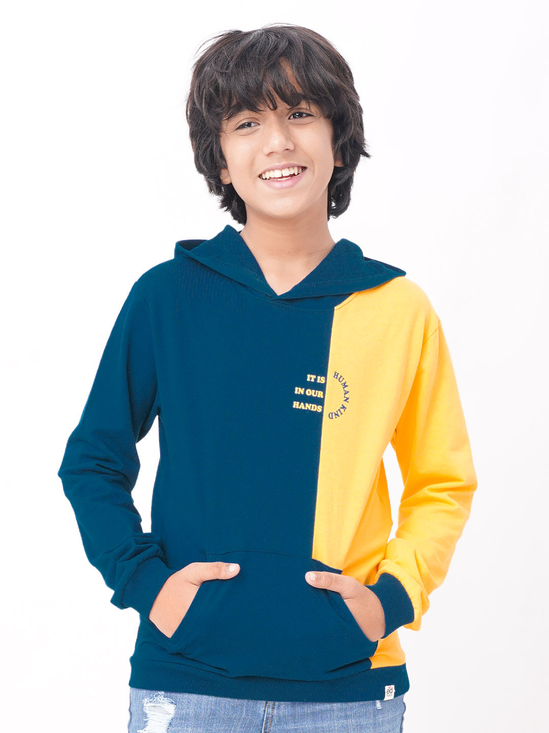 edheads Boys Teal Colourblocked Hooded Cotton Sweatshirt