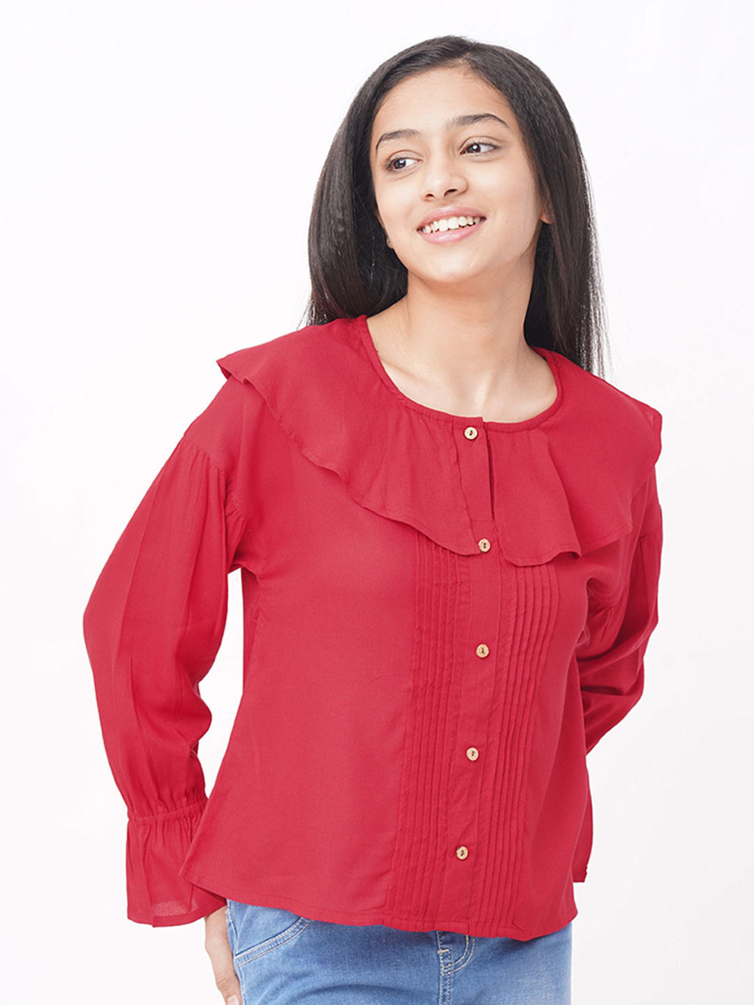 edheads Girls Red Ruffles Shirt Style Pure Cotton Top