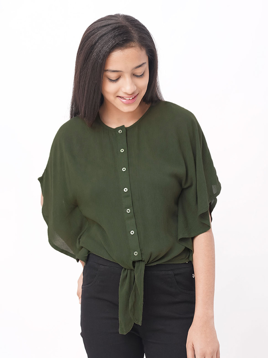 edheads Girls Olive Green Kaftan Pure Cotton Top