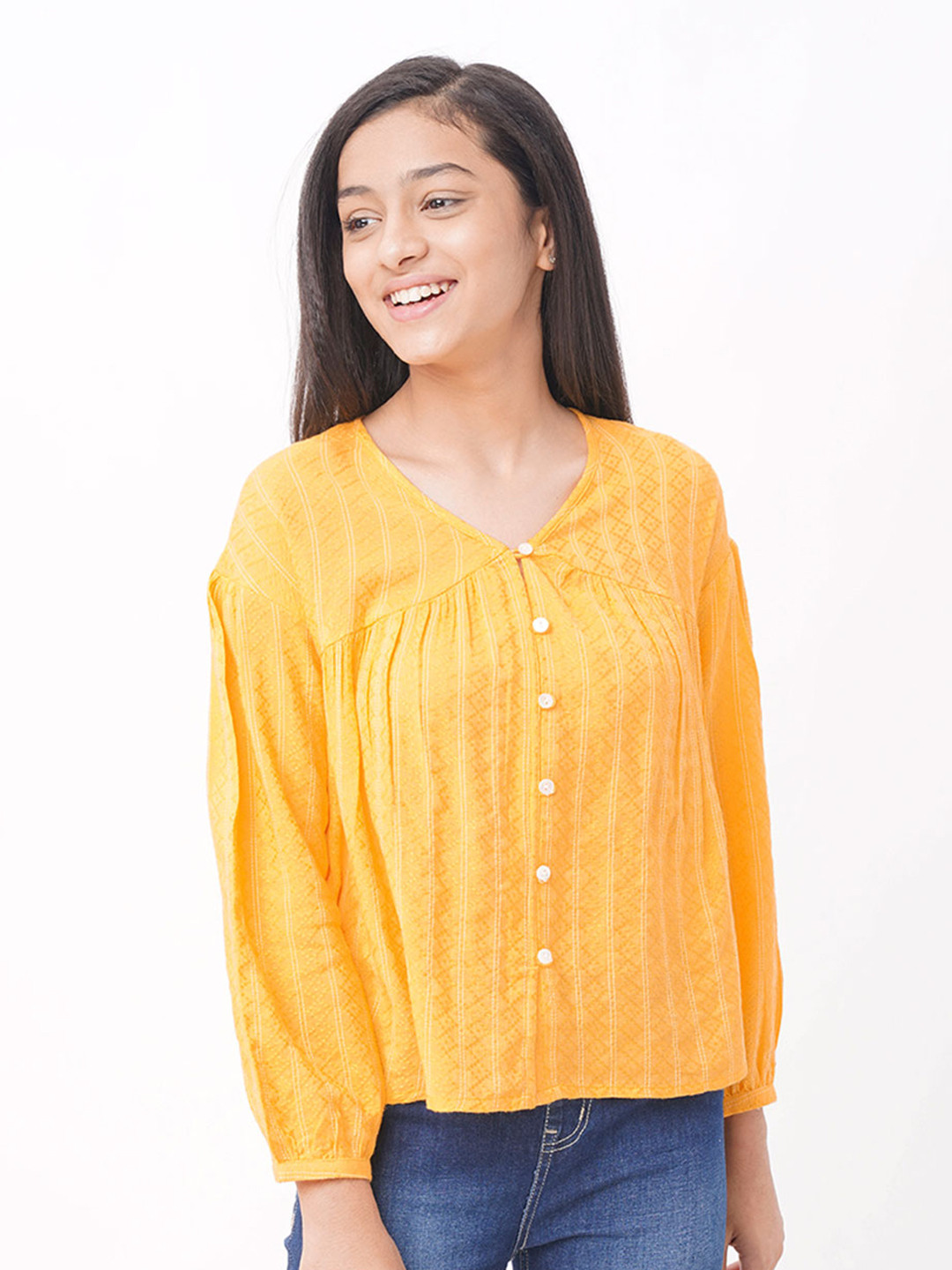 edheads Girls Mustard Yellow Shirt Style Pure Cotton Top