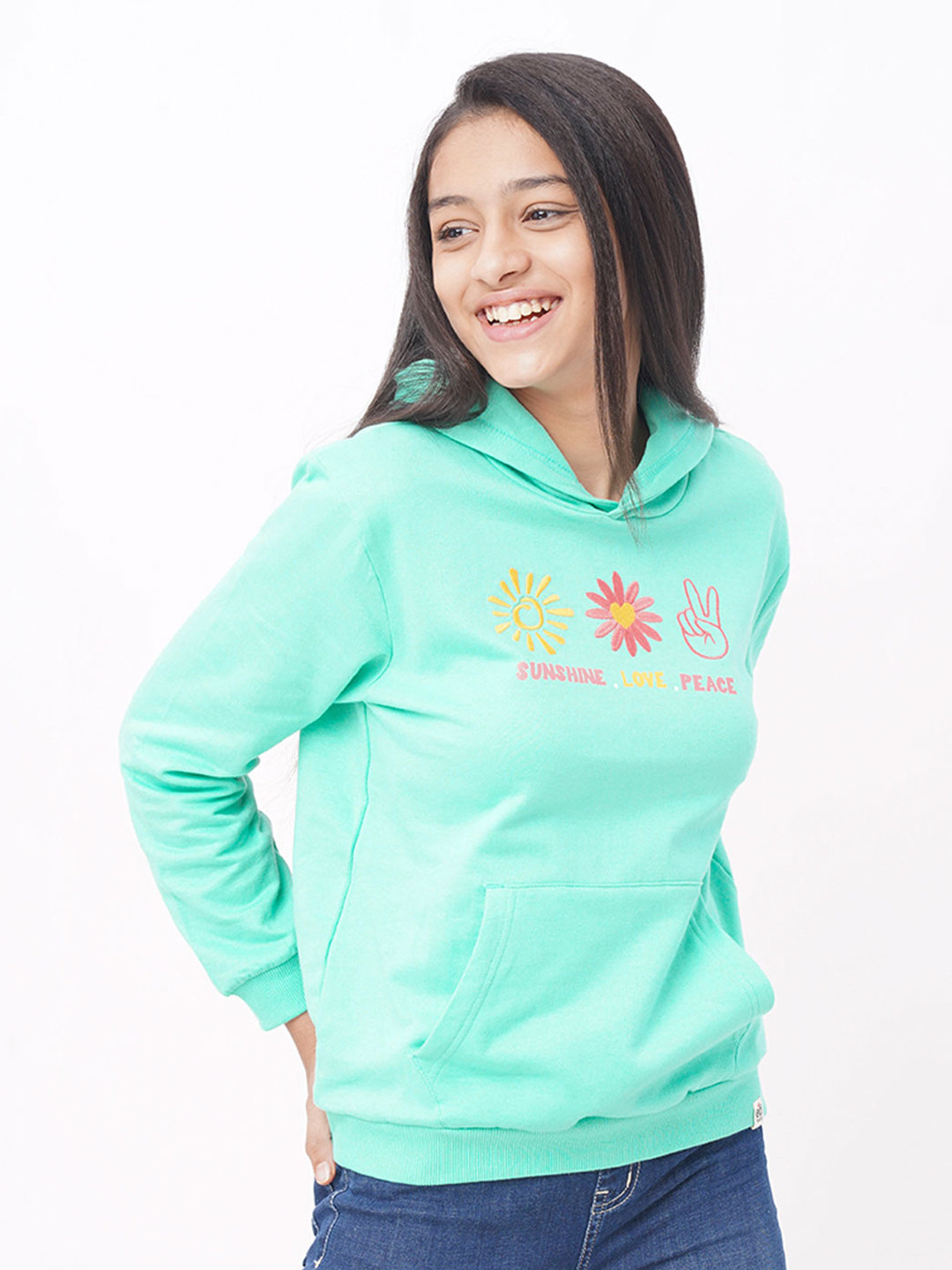 edheads Girls Green Hooded Cotton Sweatshirt