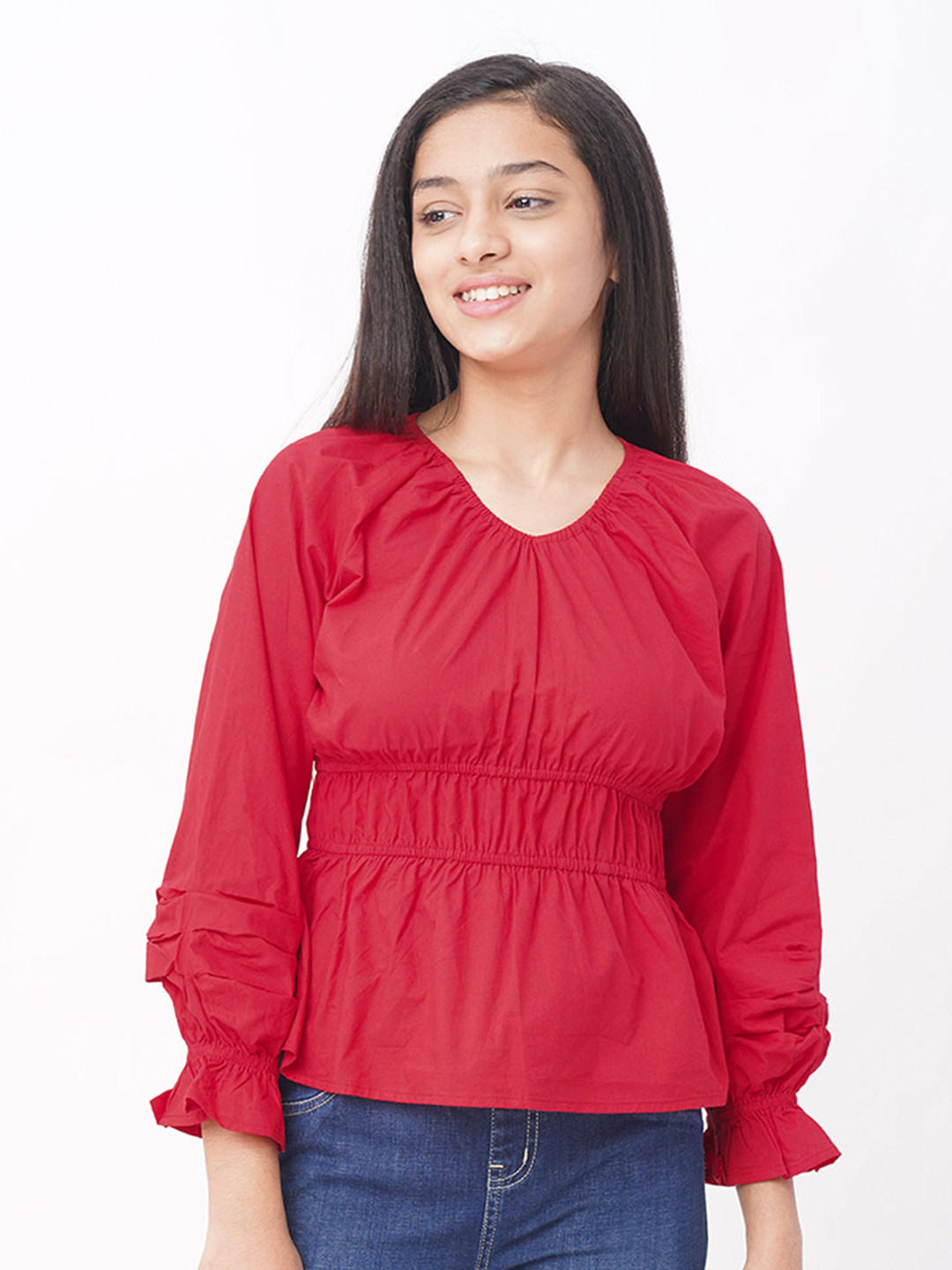 edheads Girls Red Cinched Waist Pure Cotton Top