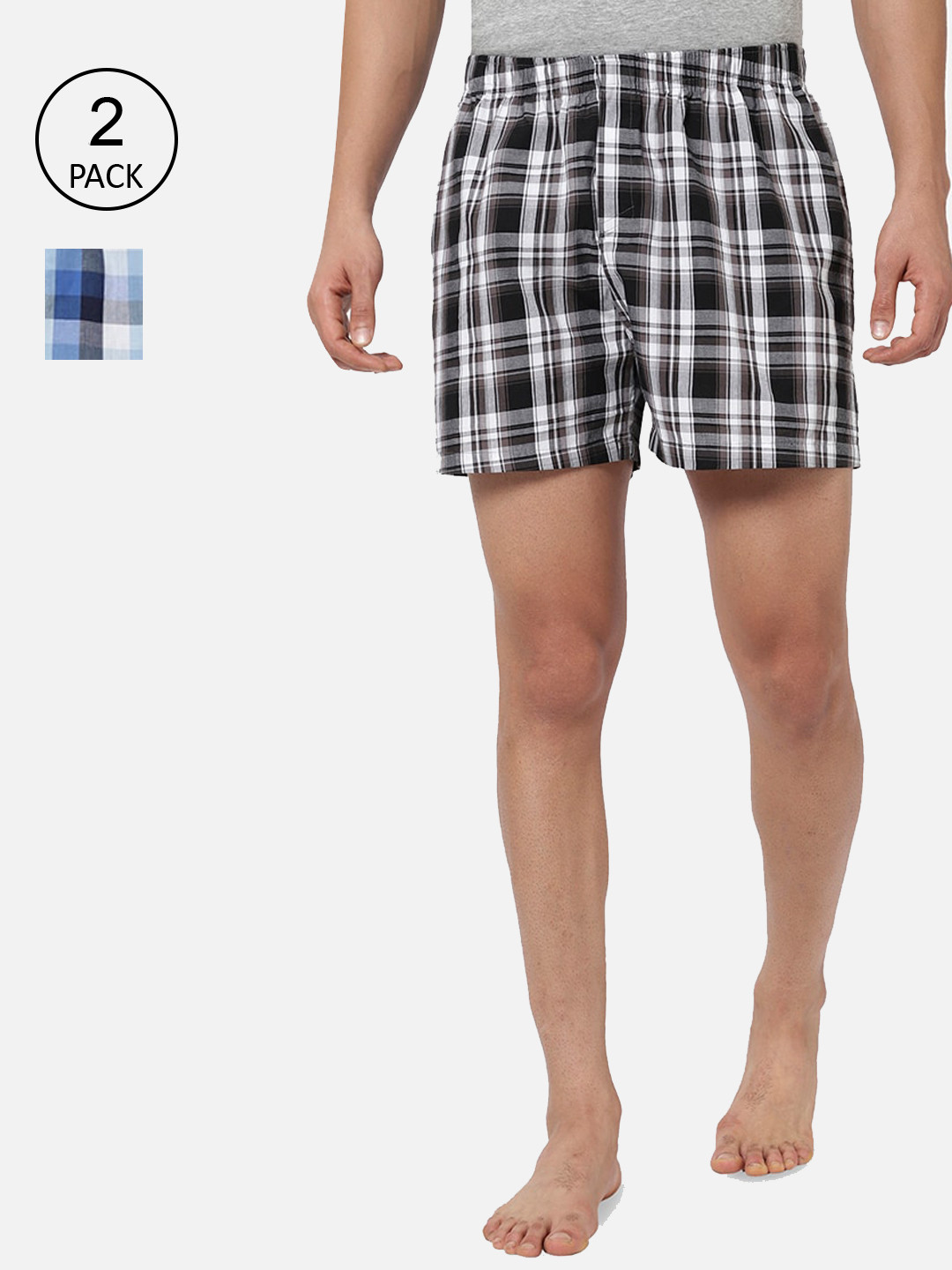 R&B Men Pack Of 2 Blue & Brown Checked Pure Cotton Boxers