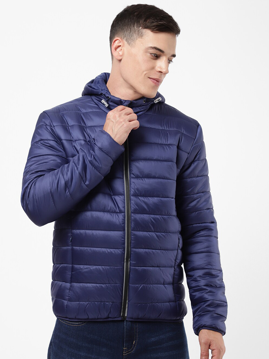 R&B Men Blue Cotton Puffer Jacket