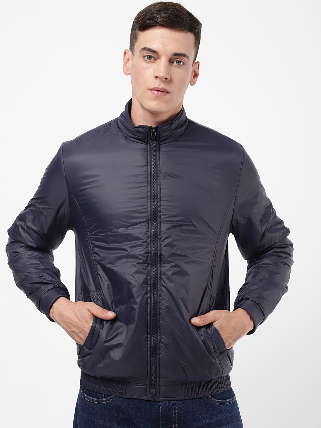R&B Men Blue Cotton Bomber Jacket