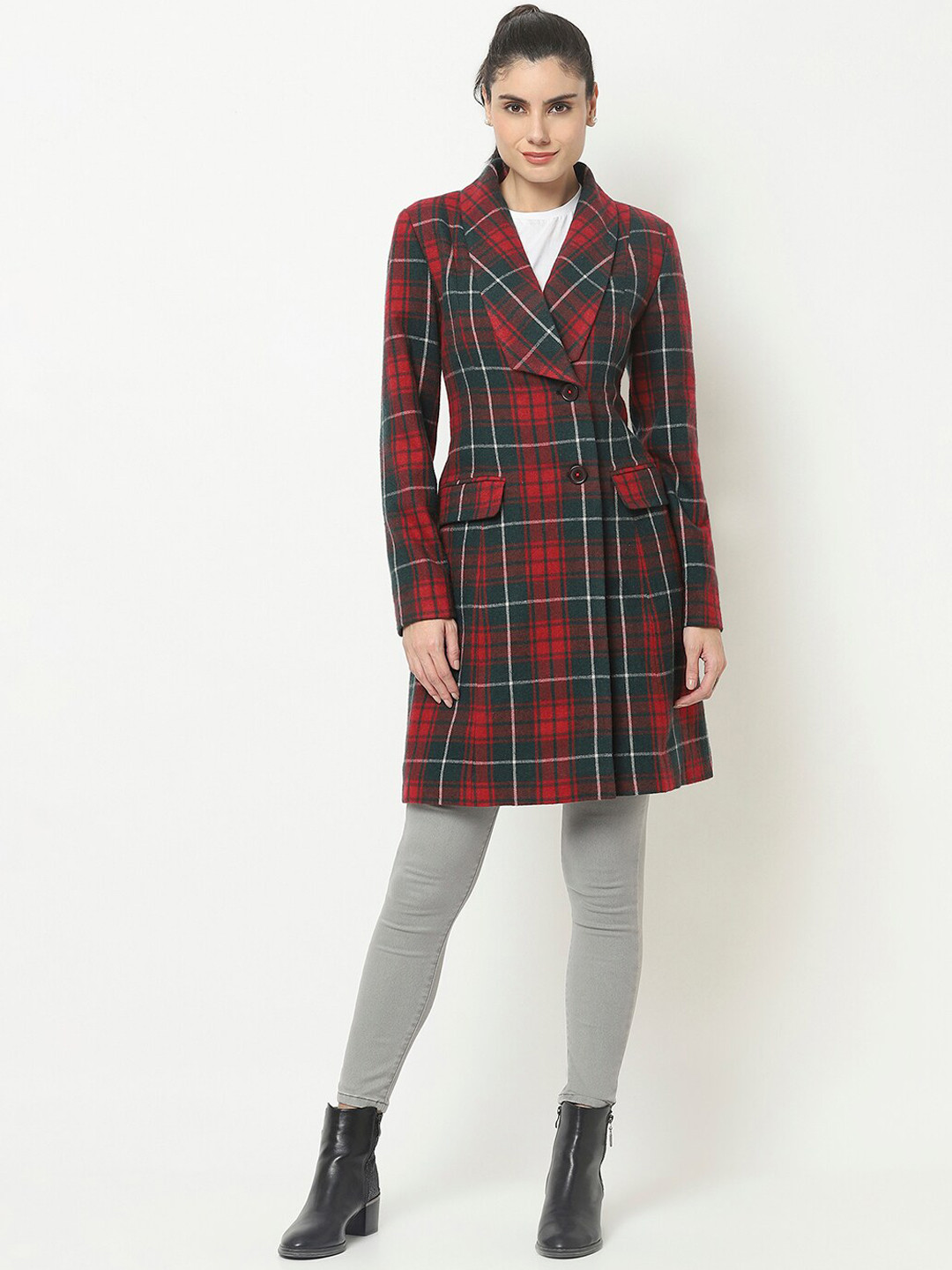 Owncraft Women Red & Green Checked Woolen Coat