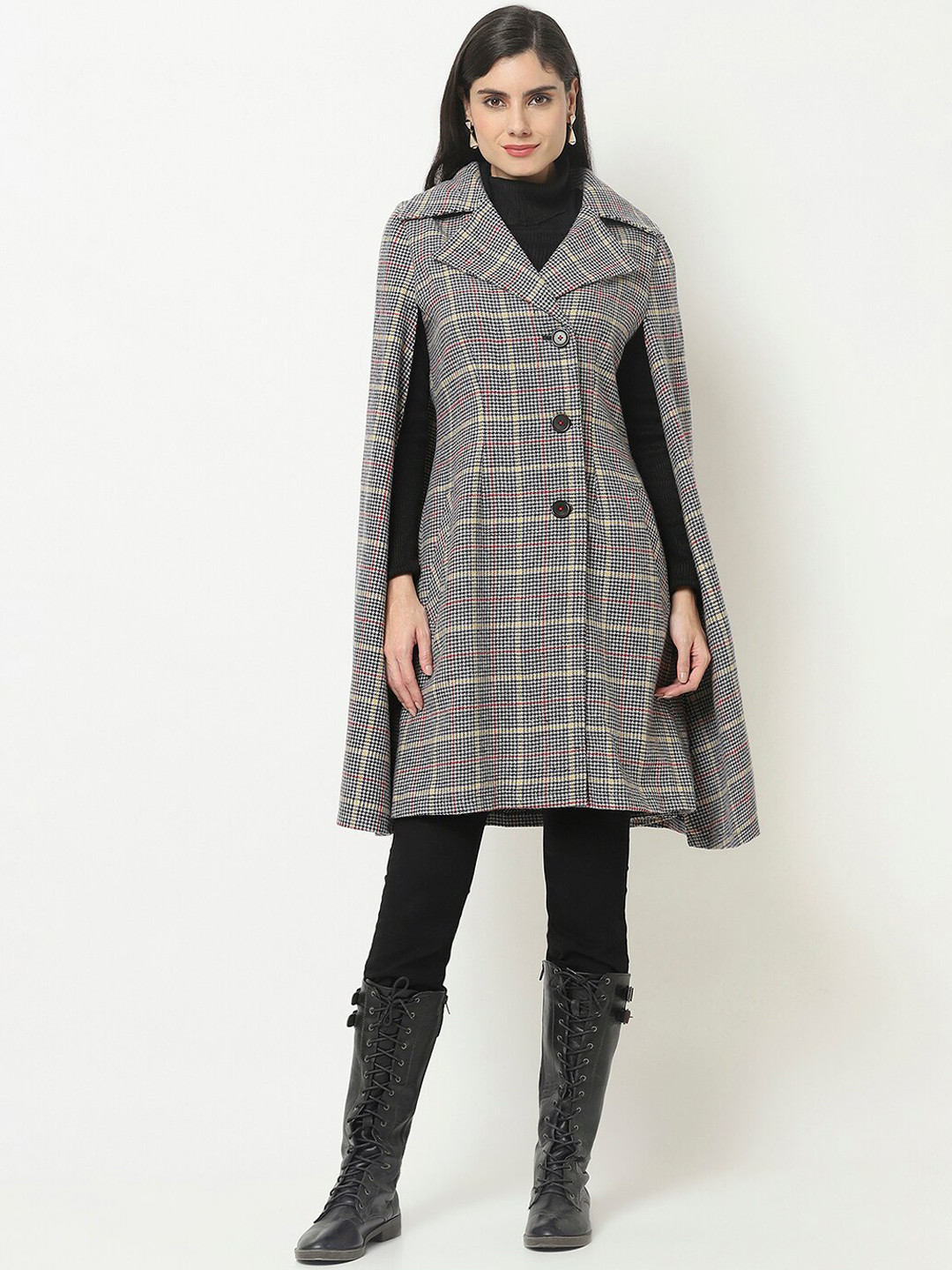 Owncraft Women Black and Off-White Checked Single Breasted Wool Coat