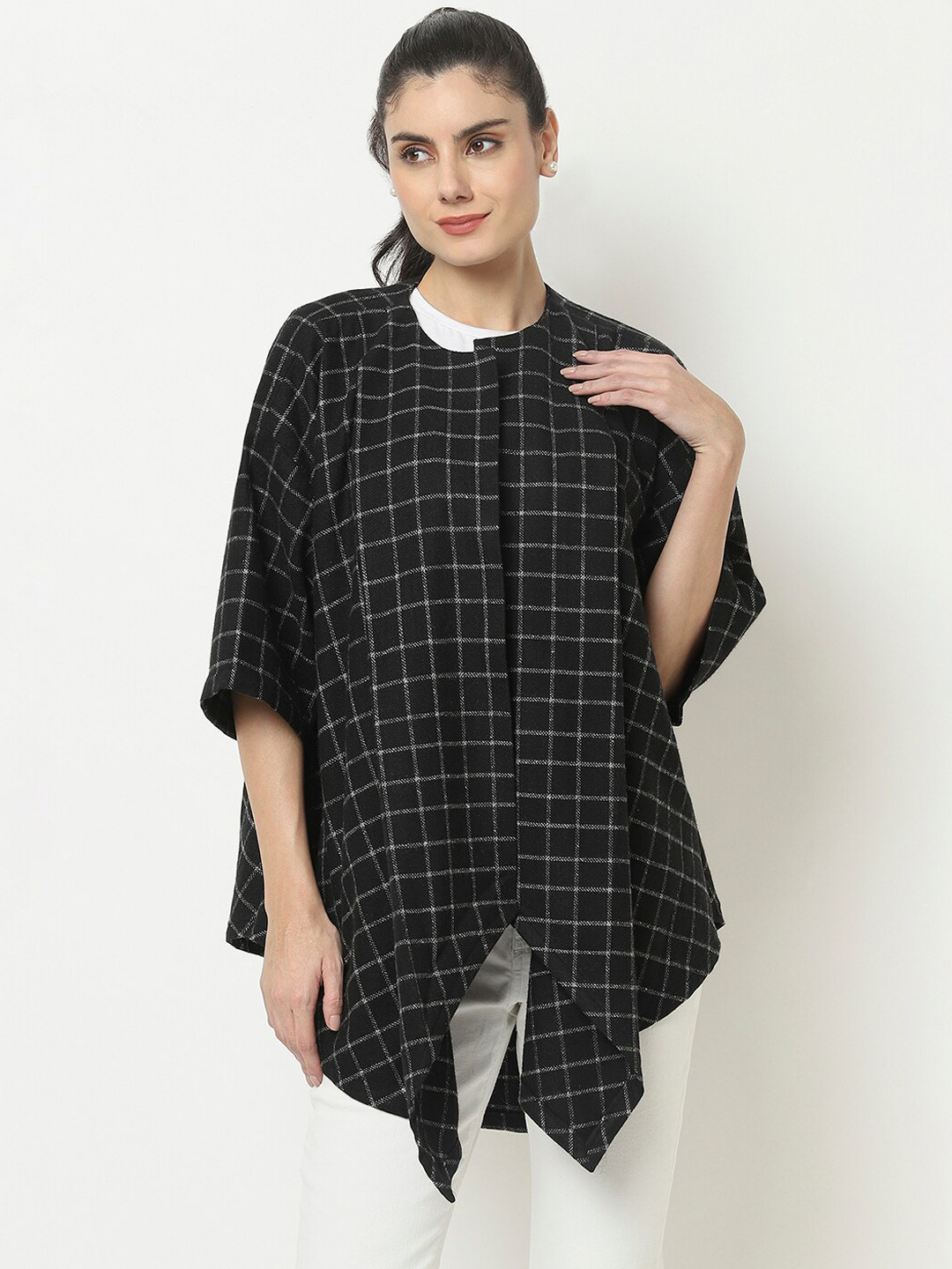 Owncraft Women Black Checked Woolen Cape Coats