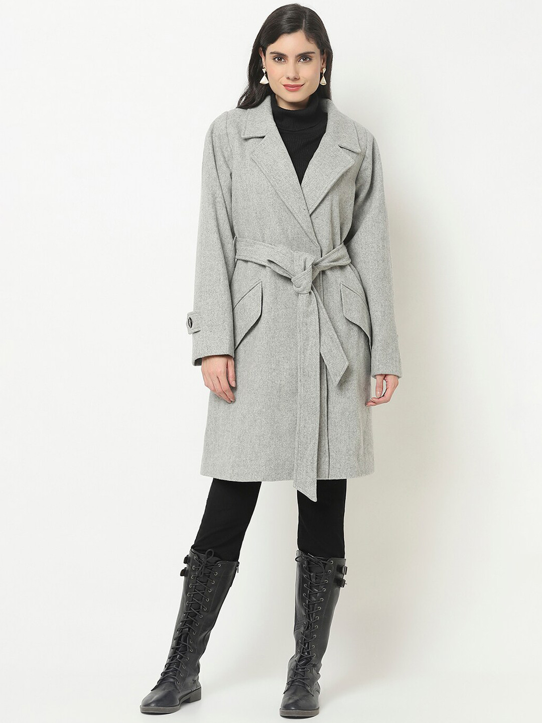 Owncraft Women Grey Solid Single-Breasted Casual Trench Coat