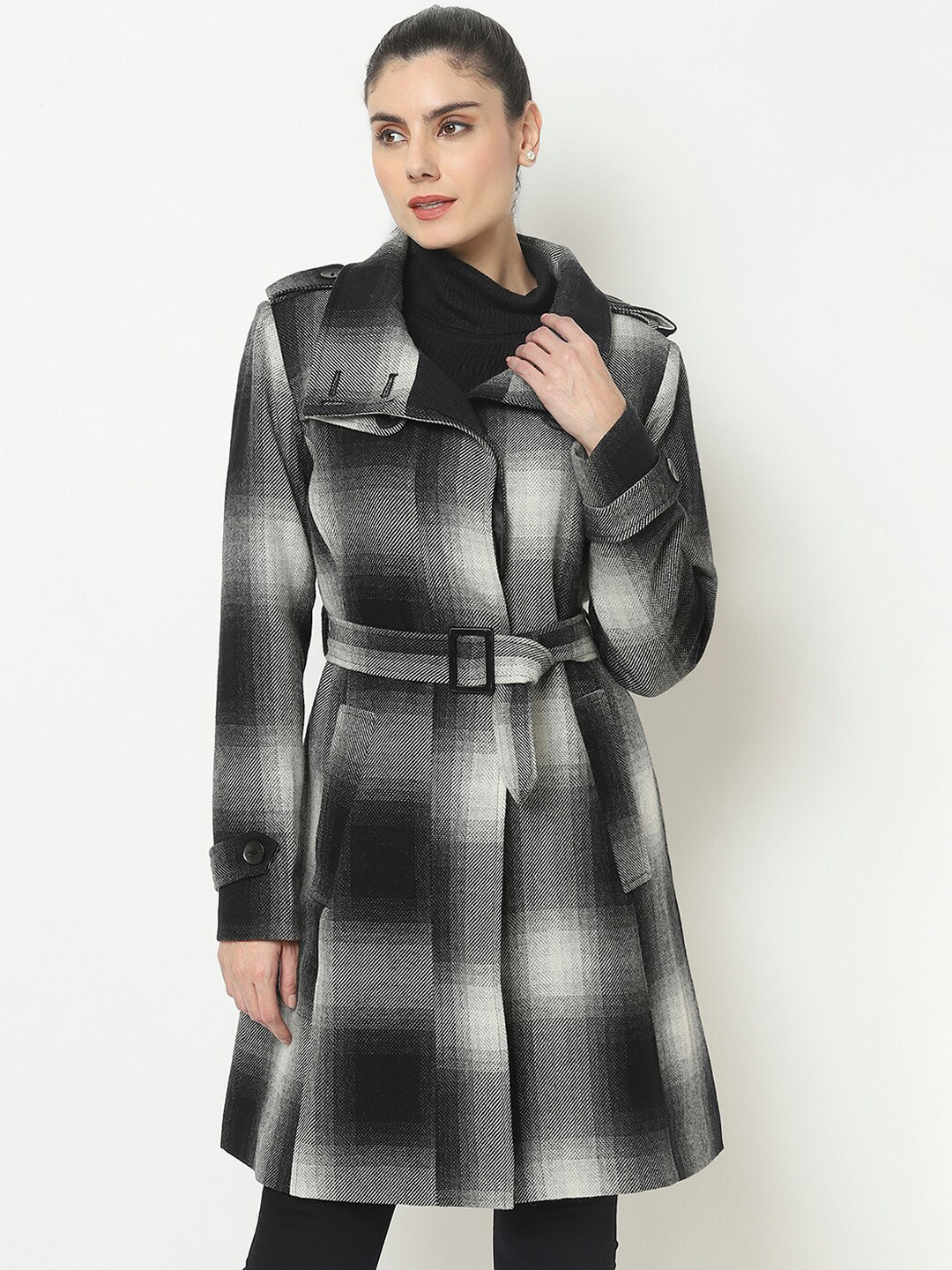 Owncraft Women Black & White Checked Woolen Coat