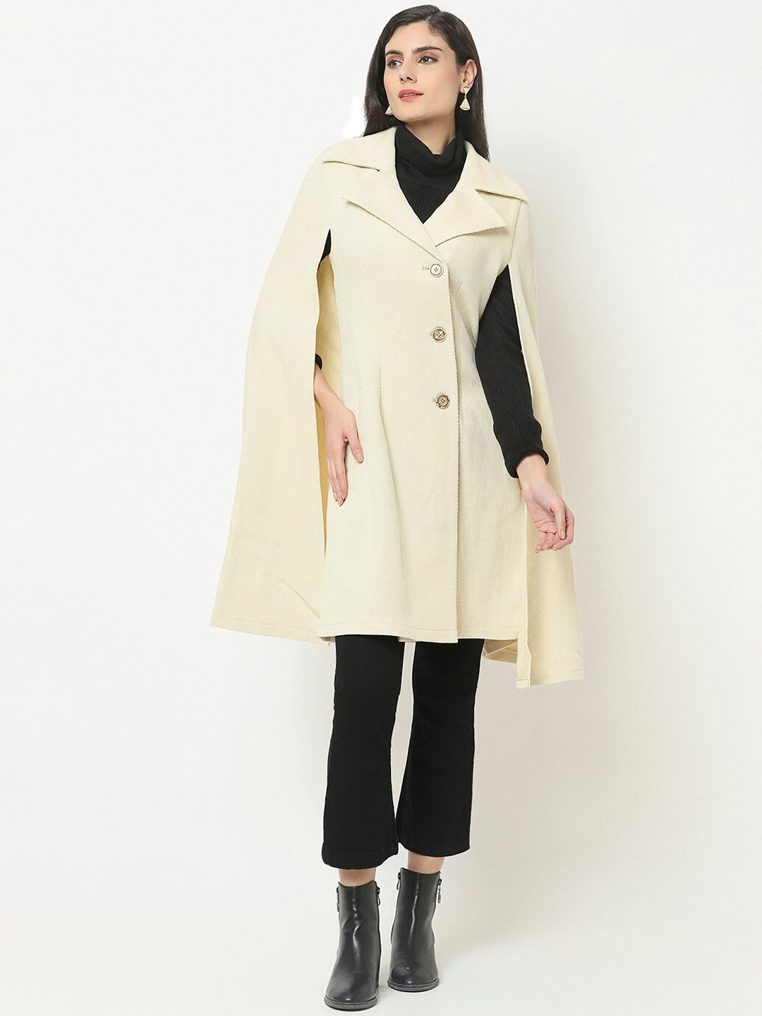 Owncraft Women Cream Colored Solid Woolen Cape Coat