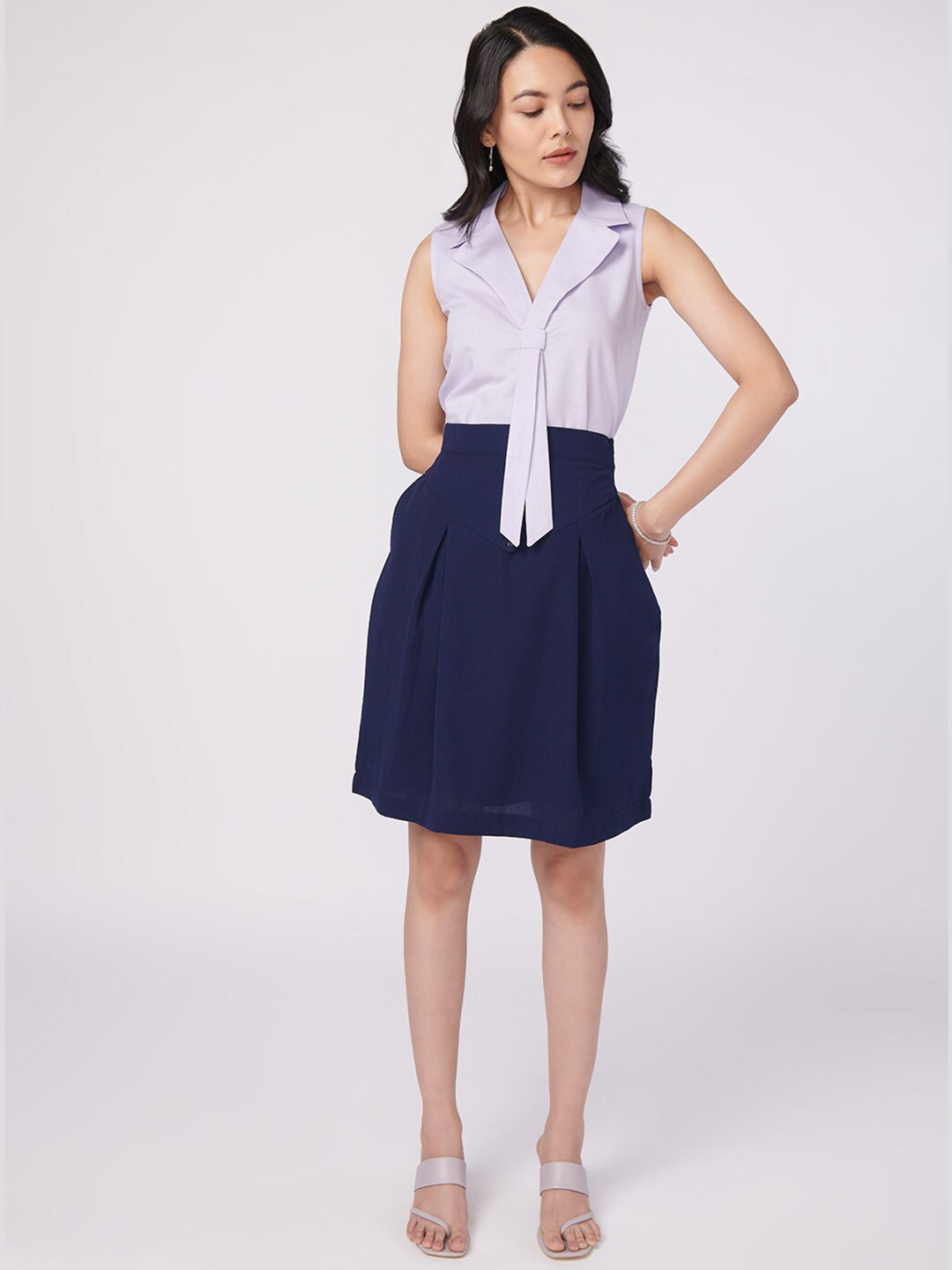 NOT SO PINK Women Navy Blue Solid Box Pleated Skirt
