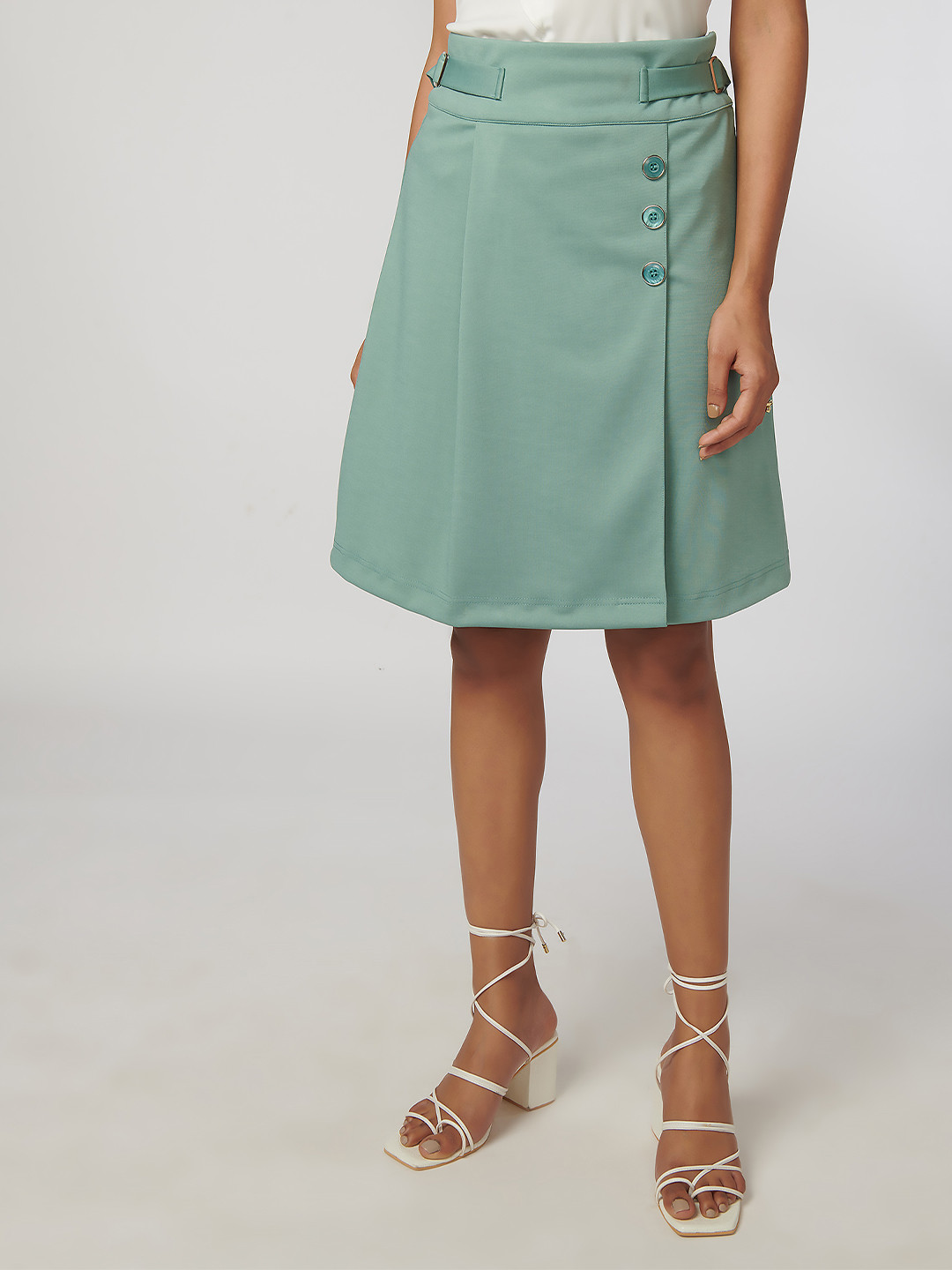NOT SO PINK Women Green Solid Knee-Length Overlap A-Line Skirt