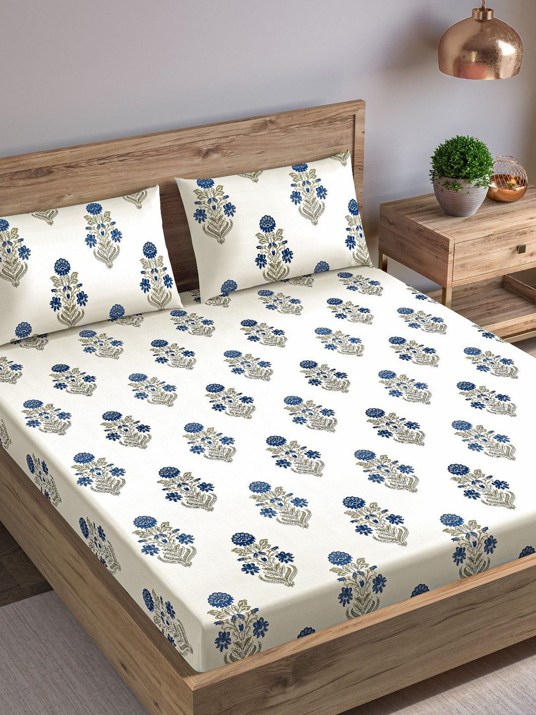 Trance Home Linen Aangan White Floral Cotton 180 TC Fitted Queen Fine Bedsheet with 2 Pillow Covers-86 x 104 inches