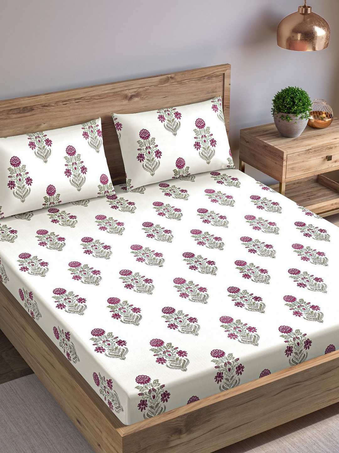 Trance Home Linen Aangan Pink Floral Cotton 180 TC Queen Fine Bedsheet with 2 Pillow Covers-86 x 104 inches