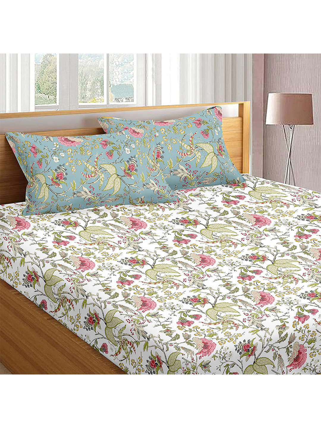 Trance Home Linen Calicut White Floral Cotton 180 TC Queen Fine Bedsheet with 2 Pillow Covers-86 x 104 inches