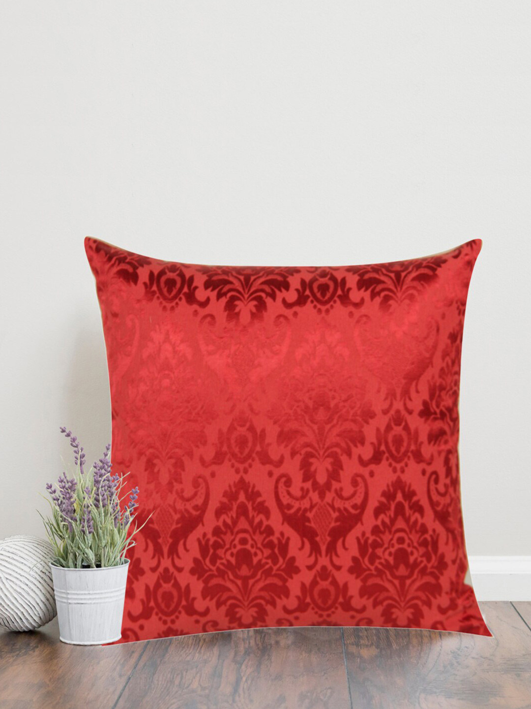 Home Red Square Printed Self Design Cushion Covers