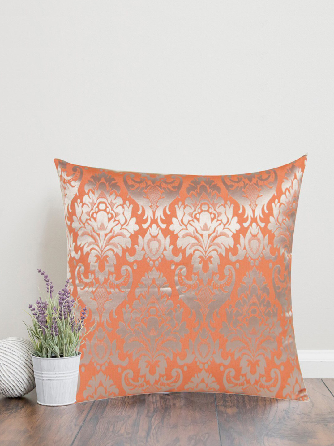 Home Self Design Orange Ethnic Motifs Polyester Silk Breathable Cushion Cover -18x18In
