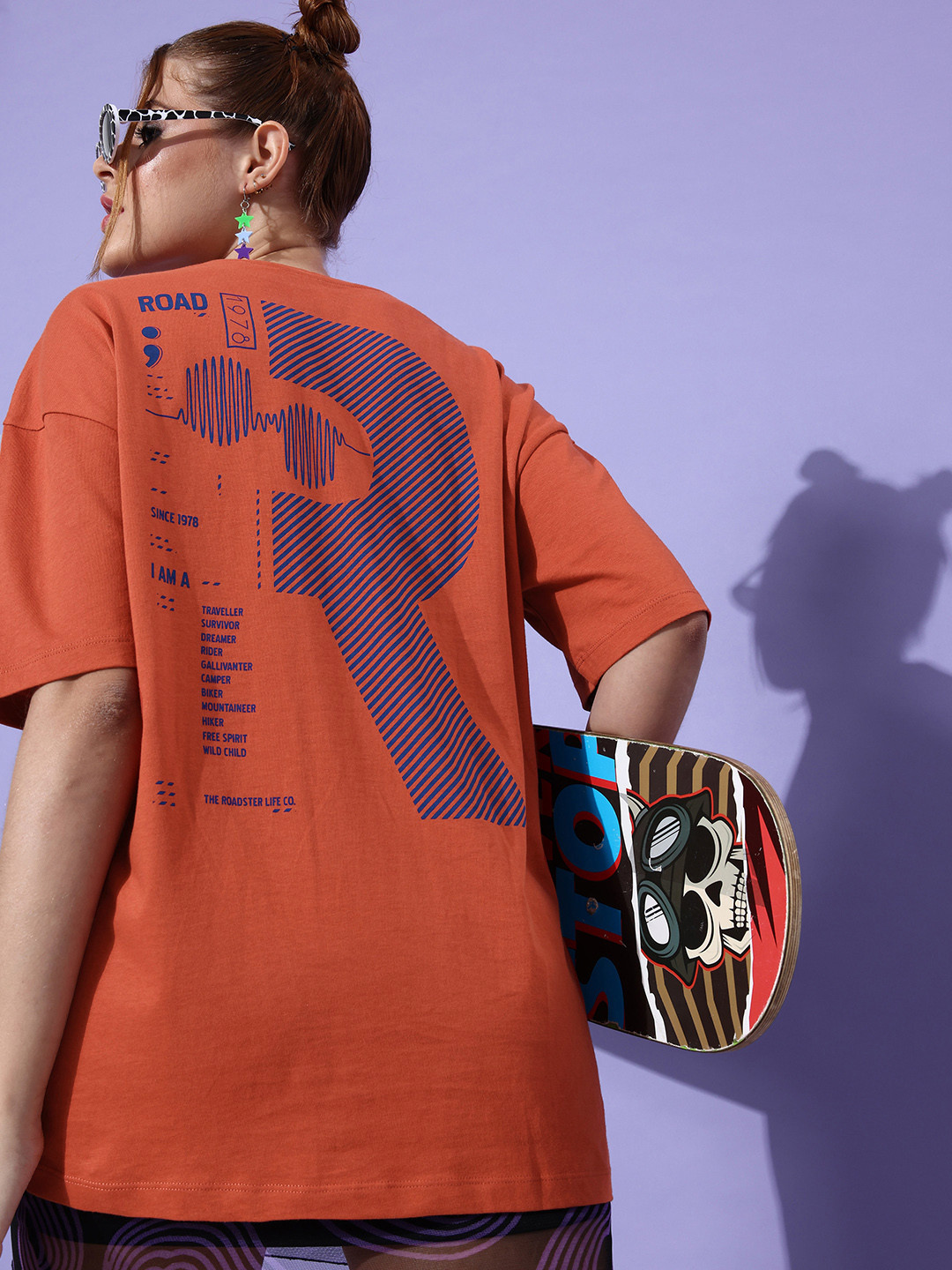 The Roadster Life Co. Rust Orange Off-Grid Graphics Drop-Shoulder Sleeves Cotton T-shirt