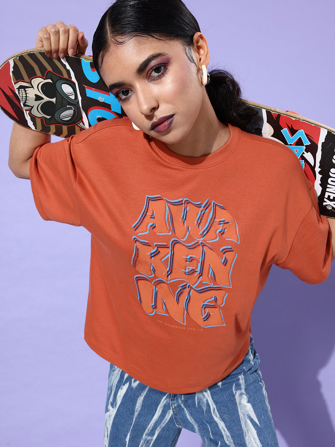 The Roadster Life Co. Rust Orange Off-Grid Graphics Drop-Shoulder Sleeves Cotton T-shirt