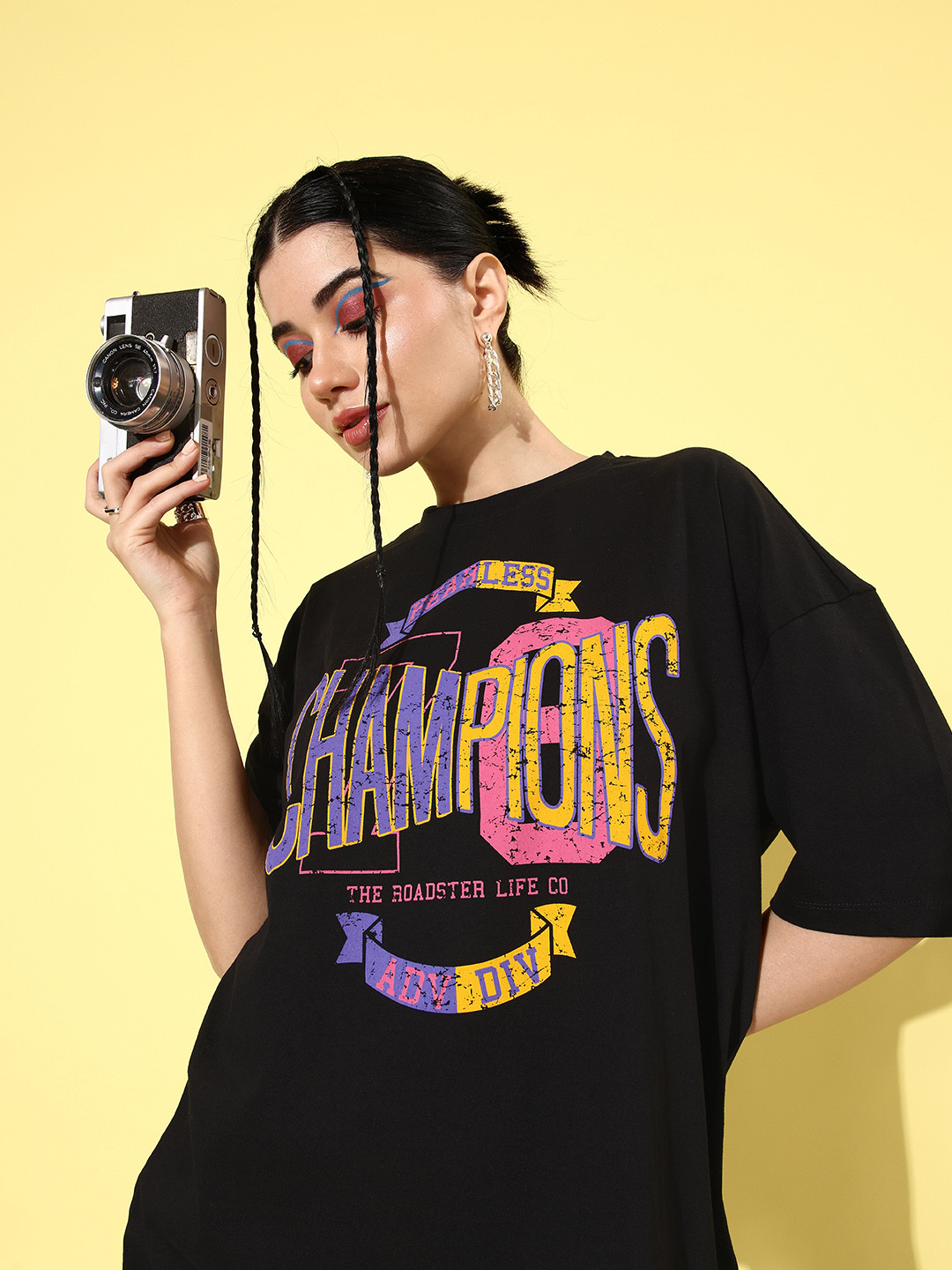 The Roadster Lifestyle Co. Women Jet Black Winter Foraging Offgrid Graphics T-shirt