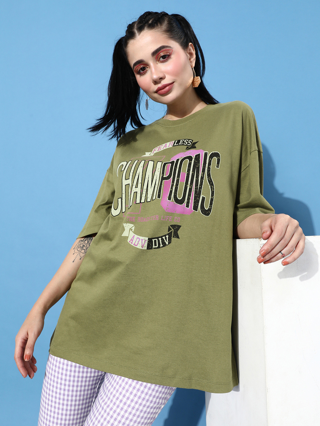 The Roadster Lifestyle Co. Women Olive Green Typography Printed T-shirt