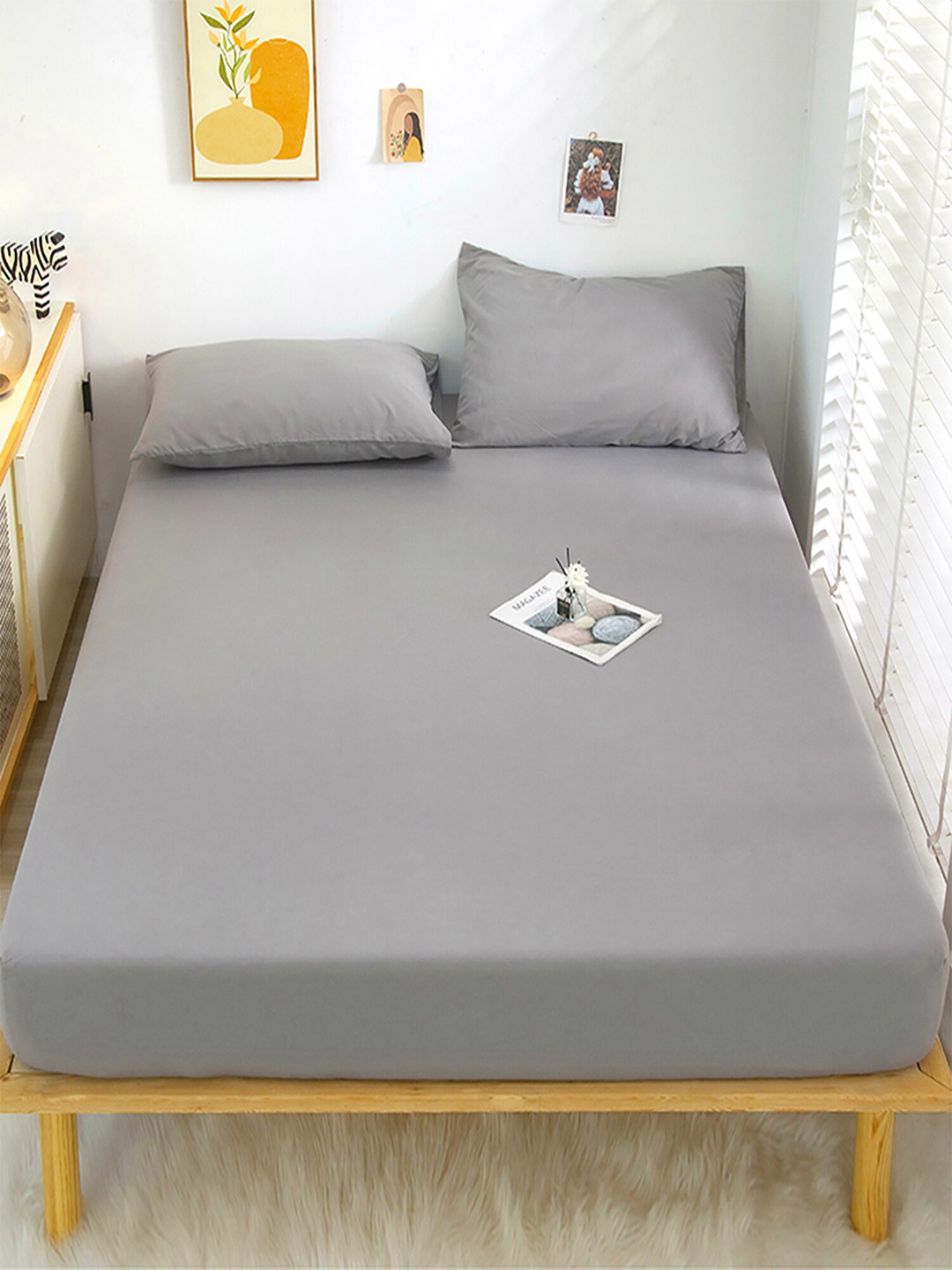 JC HOME Grey Polycotton 128 TC Fitted Double Bedsheet with a Pillow Cover-47 x 79 inches