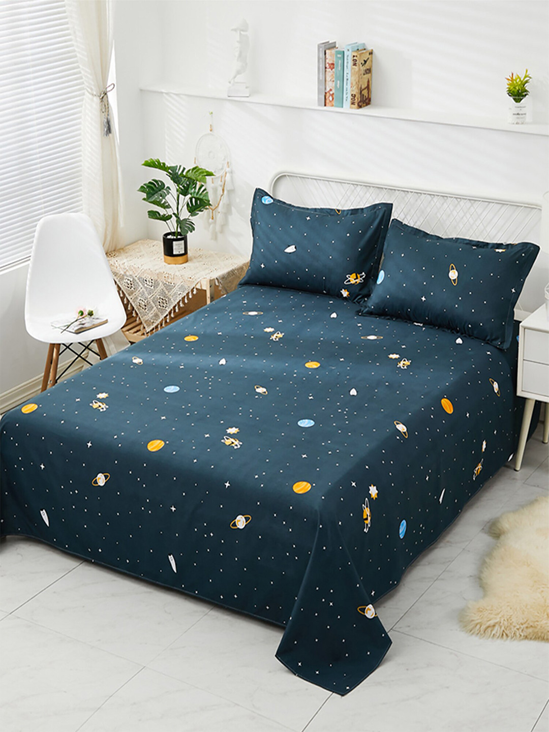 JC HOME Navy Blue Graphic Polycotton 130 TC King Bedsheet with 2 Pillow Covers-91 x 98 inches