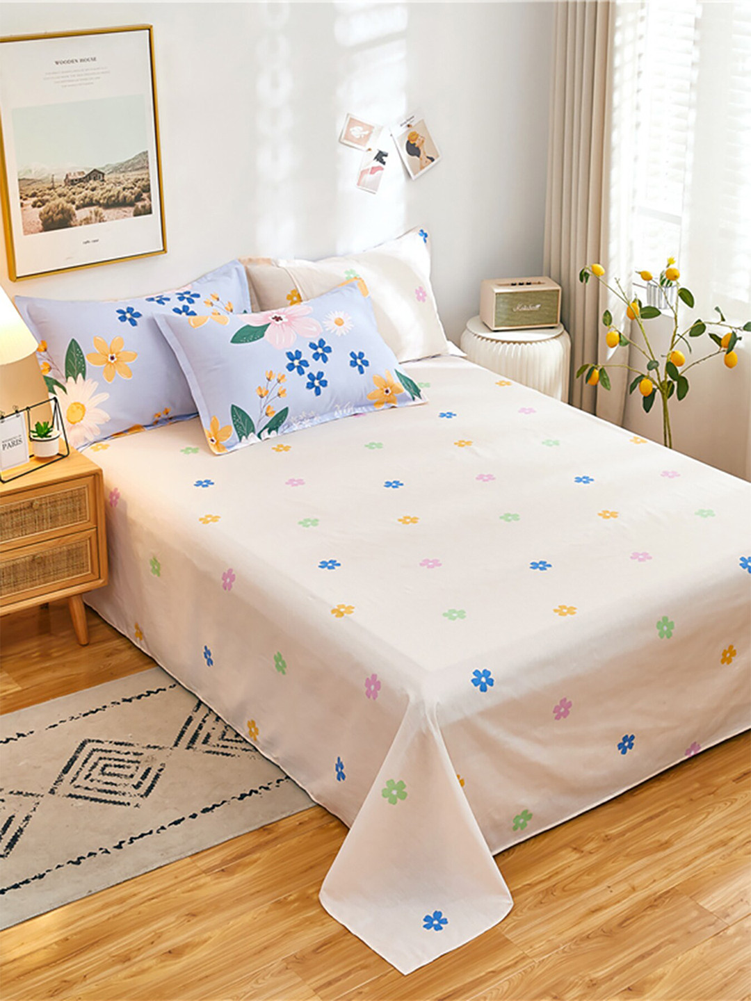 JC HOME Peach Floral Pure Cotton 186 TC Queen Fine Bedsheet with 3 Pillow Covers-79 x 91 inches