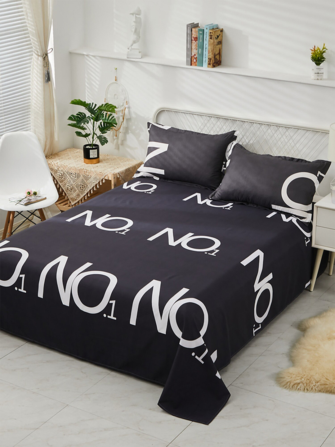 JC HOME Black Typography Polycotton 130 TC King Bedsheet with 2 Pillow Covers-91 x 91 inches