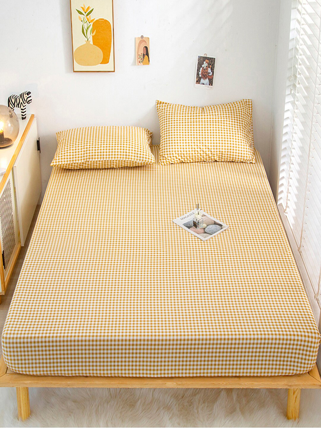 JC HOME Mustard Checked Polycotton 128 TC Fitted King Bedsheet with 2 Pillow Covers-71 x 79 inches