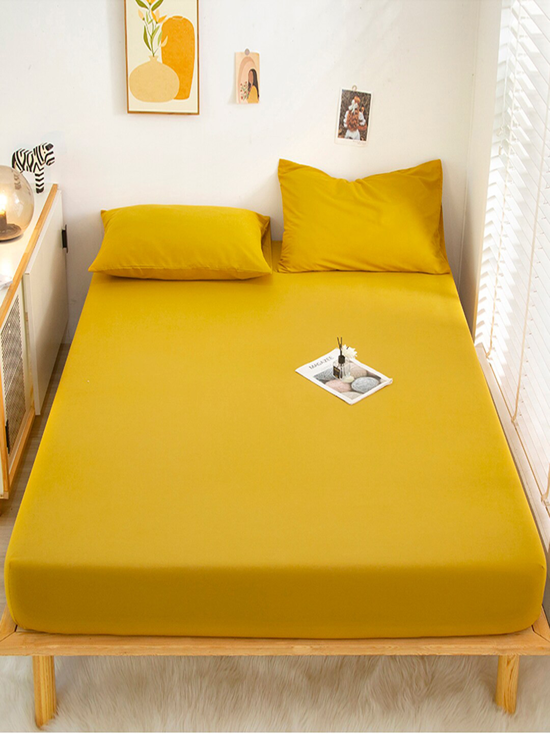 JC HOME Mustard Polycotton 128 TC Fitted King Bedsheet with 2 Pillow Covers-71 x 79 inches