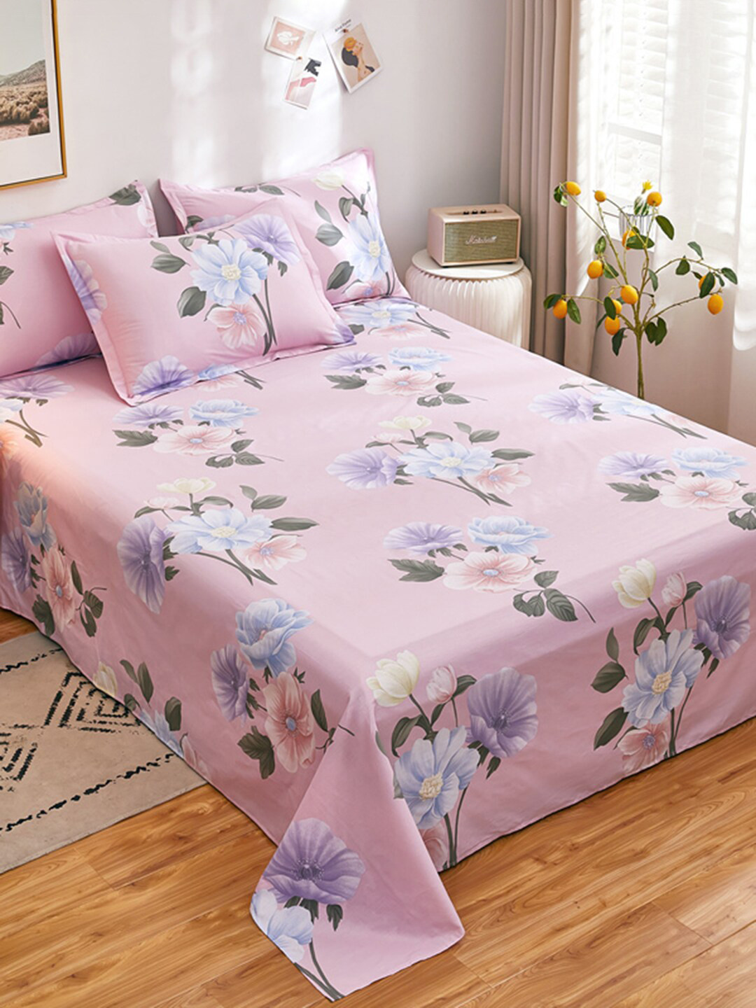 JC HOME Pink Floral Pure Cotton 186 TC Queen Fine Bedsheet with 3 Pillow Covers-79 x 91 inches