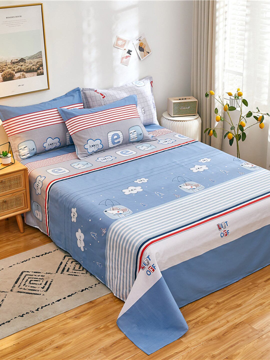 JC HOME Blue Typography Pure Cotton 186 TC Queen Fine Bedsheet with 3 Pillow Covers-79 x 91 inches