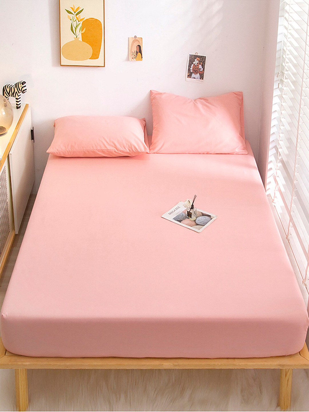 JC HOME Pink Polycotton 128 TC Fitted King Bedsheet with 2 Pillow Covers-79 x 71 inches