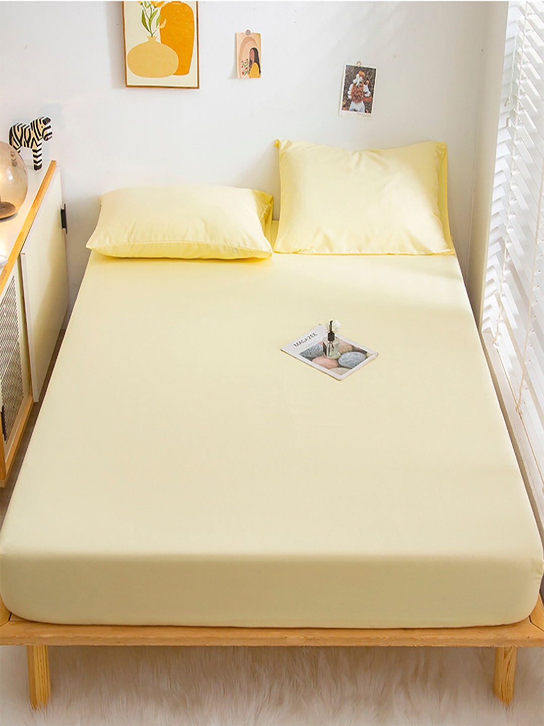JC HOME Yellow Polycotton 128 TC Fitted Queen Bedsheet with 2 Pillow Covers-59 x 79 inches