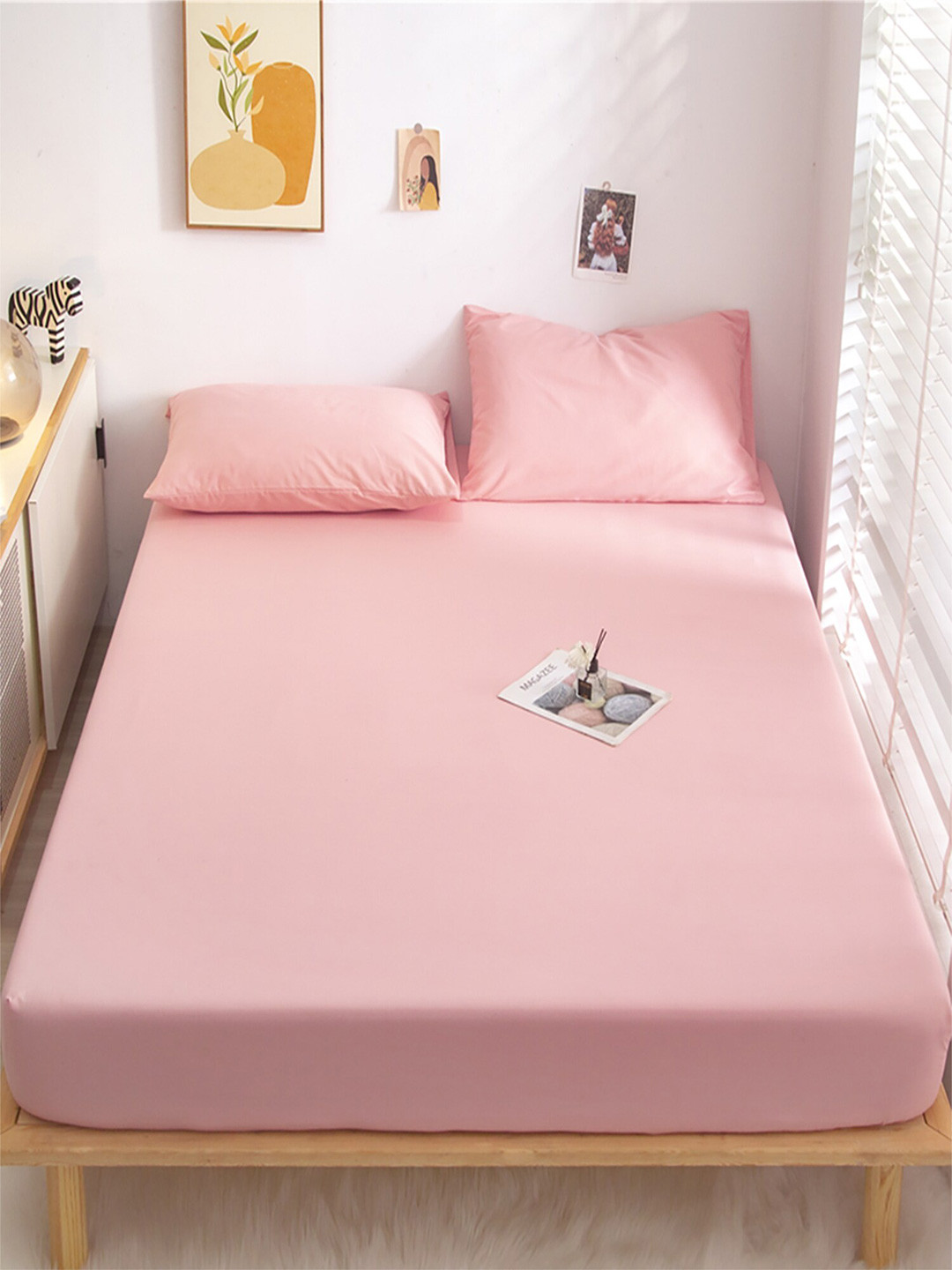 JC HOME Pink Polycotton 128 TC Fitted Queen Bedsheet with 2 Pillow Covers-79 x 59 inches
