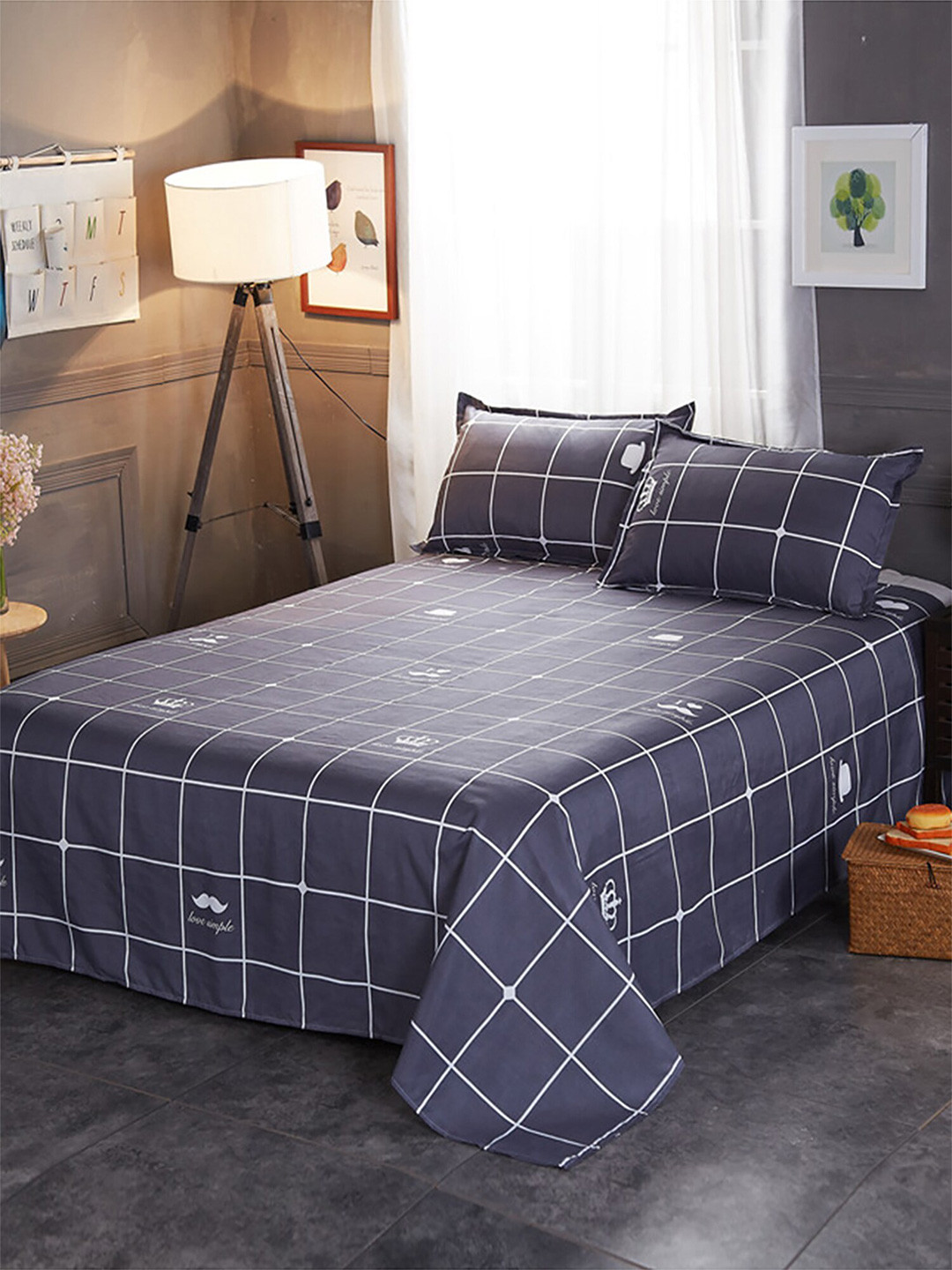 JC HOME Grey Geometric Polycotton 130 TC King Bedsheet with 2 Pillow Covers-90 x 90 inches