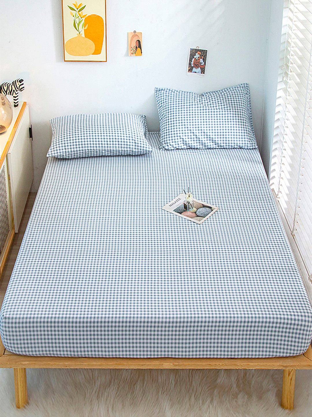 JC HOME Blue Checked Polycotton 128 TC Fitted King Bedsheet with 2 Pillow Covers-709 x 79 inches