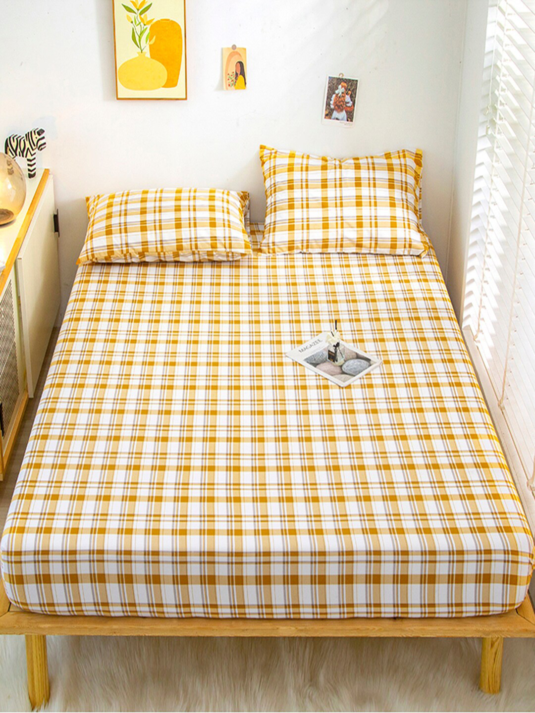 JC HOME Yellow Checked Polycotton 128 TC Fitted King Bedsheet with 2 Pillow Covers-71 x 79 inches