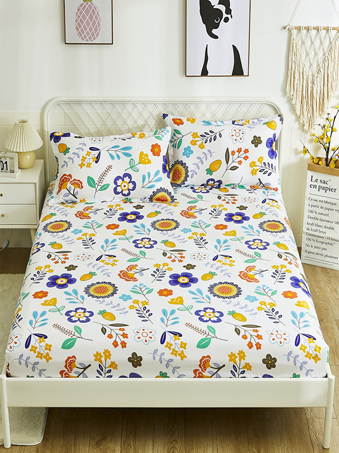 JC HOME White Floral Polycotton 120 TC Fitted King Bedsheet with 2 Pillow Covers-180 x 120 cm