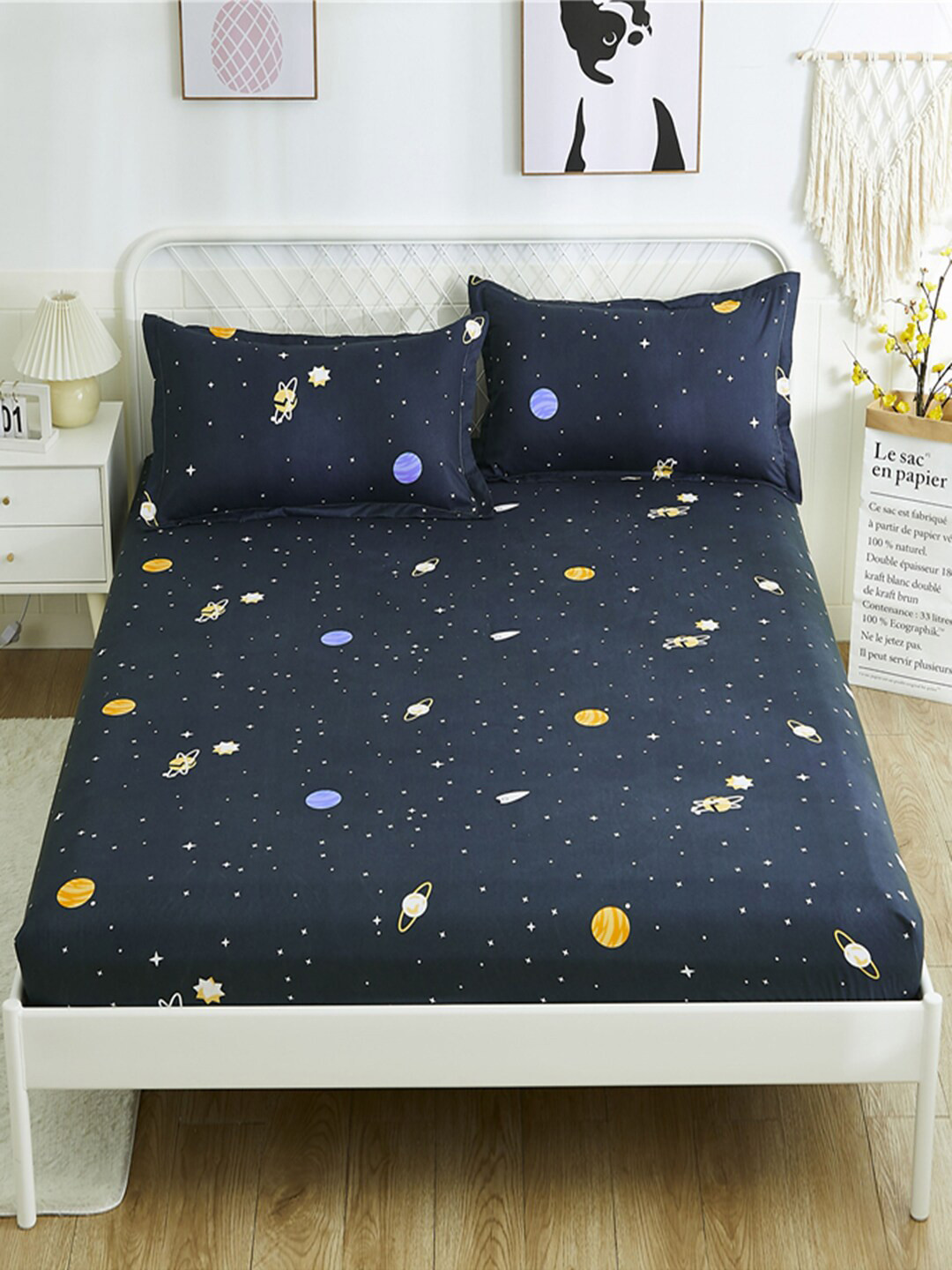 JC HOME Navy Blue Graphic Polycotton 120 TC Fitted Queen Bedsheet with 2 Pillow Covers-59 x 79 inches