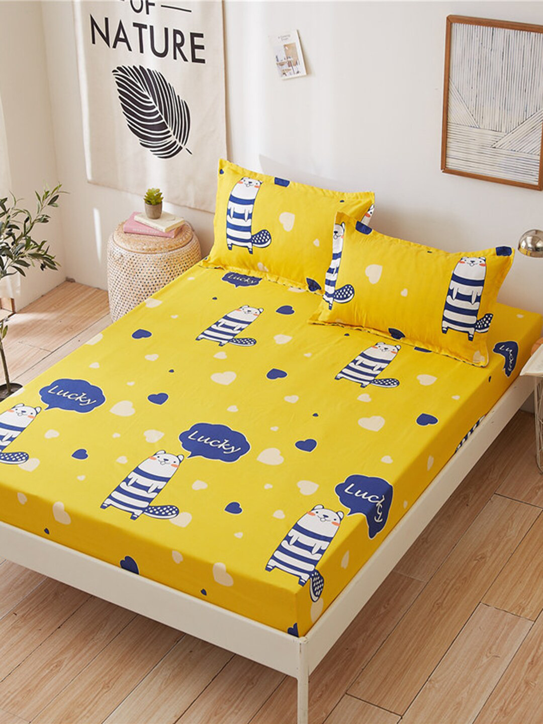 JC HOME Yellow Animal Polycotton 120 TC Fitted King Bedsheet with 2 Pillow Covers-71 x 79 inches