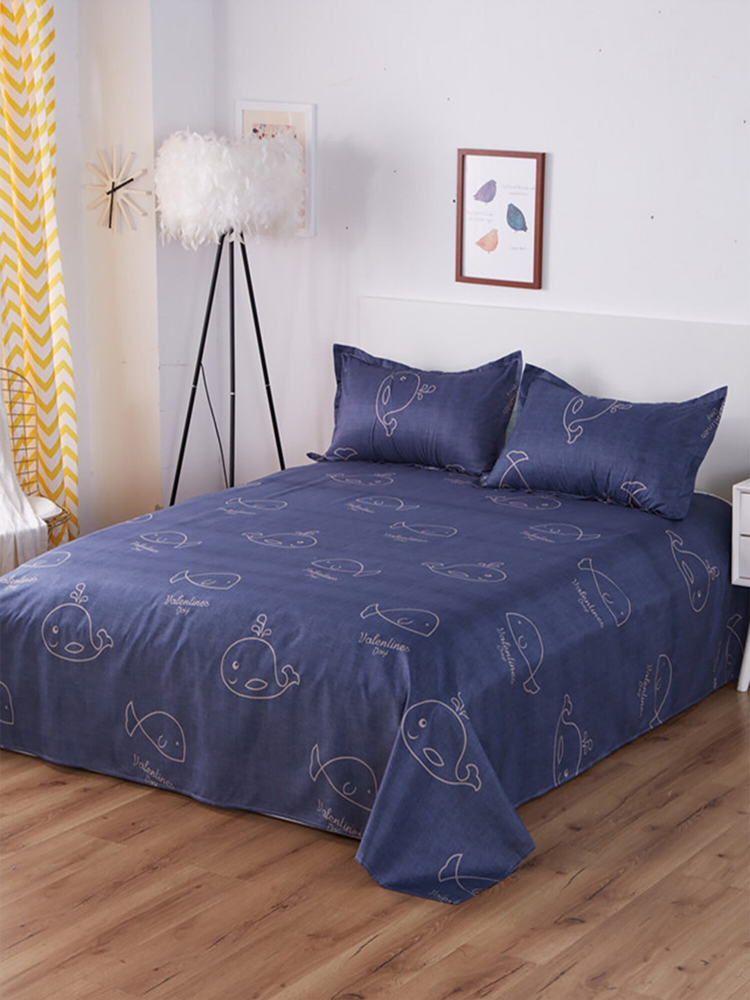 JC HOME Navy Blue Animal Polycotton 130 TC King Bedsheet with 2 Pillow Covers-230 x 230 cm