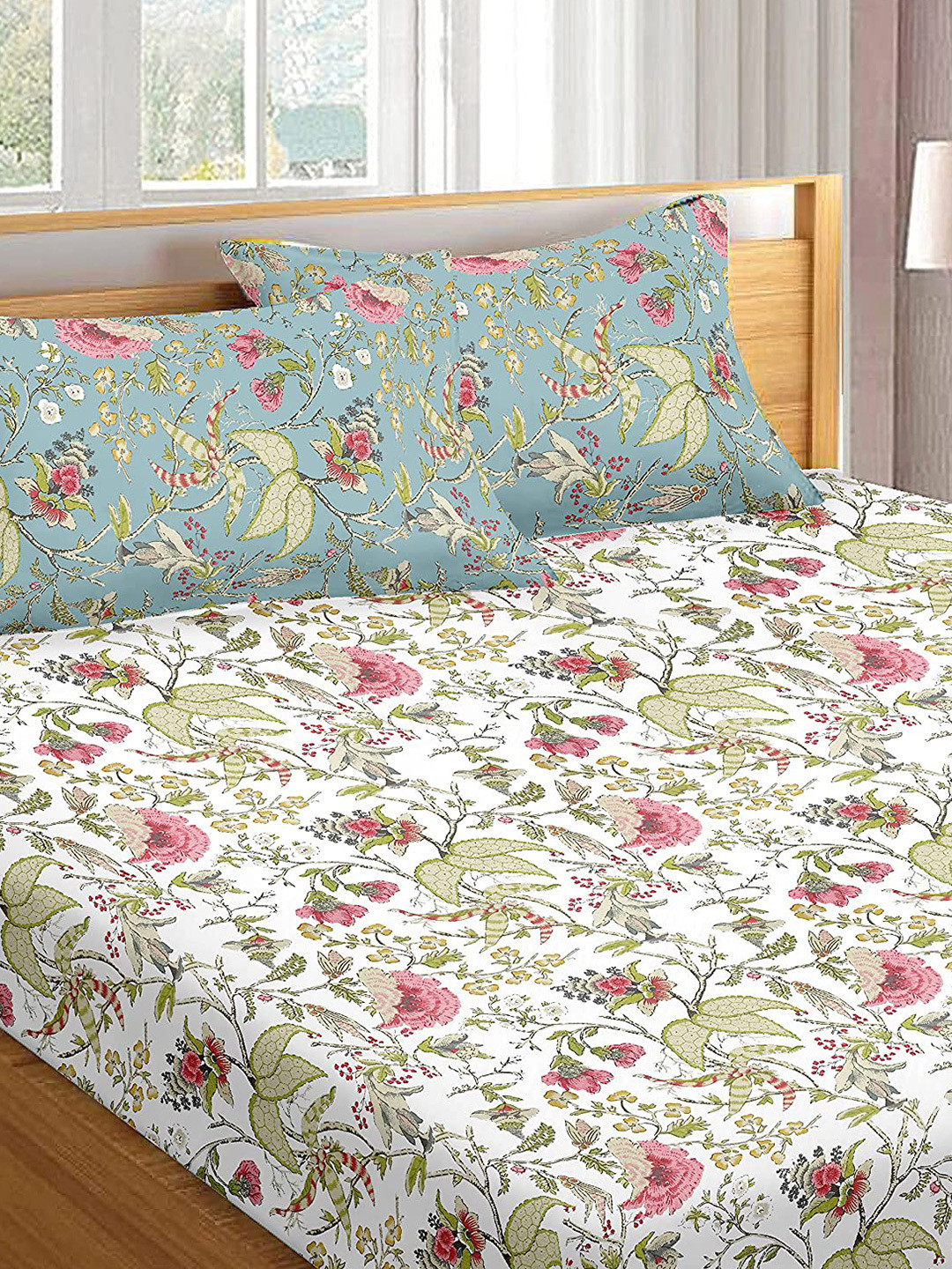 Trance Home Linen Calicut White Floral Cotton 180 TC King Fine Bedsheet with 2 Pillow Covers-86 x 104 inches